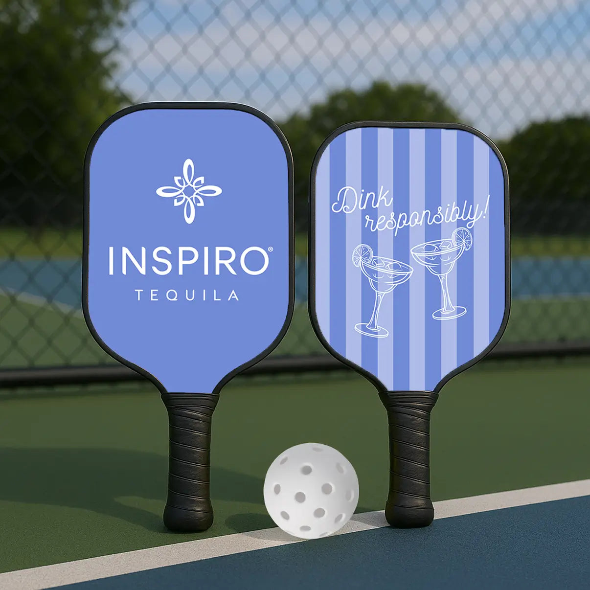 Two pickleball paddles with 'INSPIRO TEQUILA' branding and a message on a pickleball court.