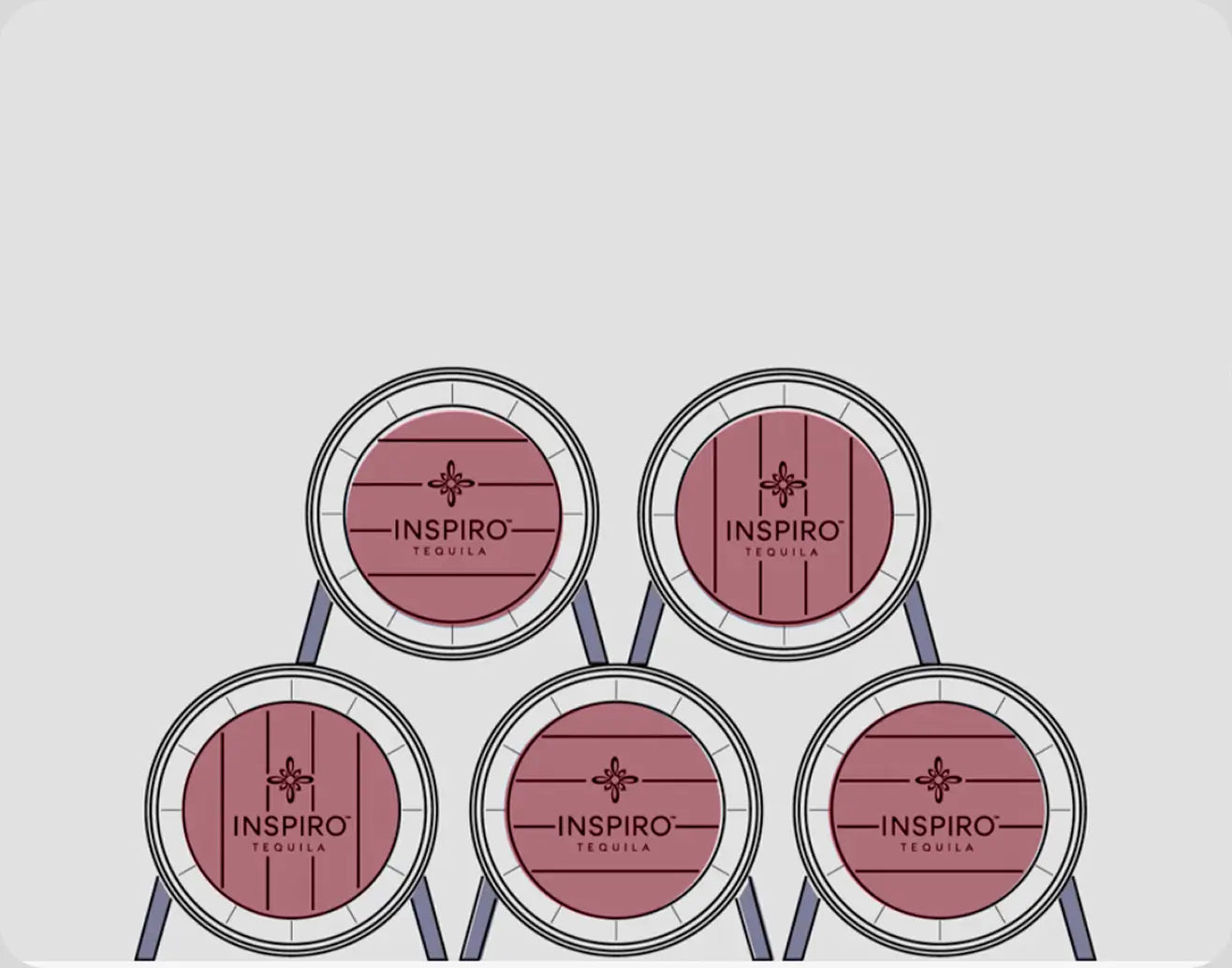 Five barrels markers with 'Inspiro Tequila' branding on a light gray background