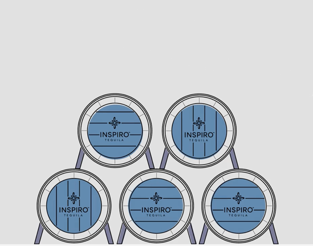 Five barrels markers with 'Inspiro Tequila' branding on a light gray background