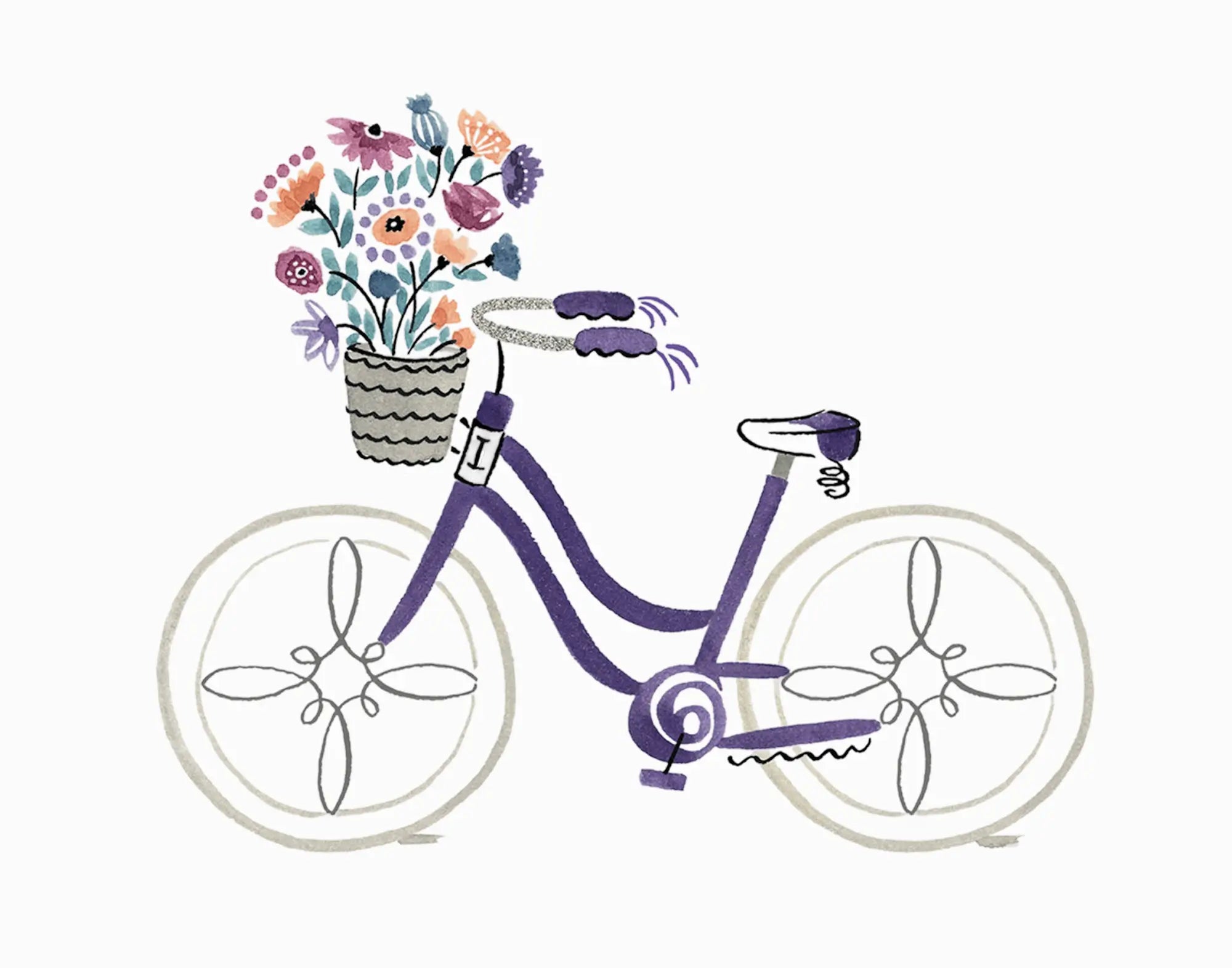 Purple bicycle with a basket of flowers on a white background