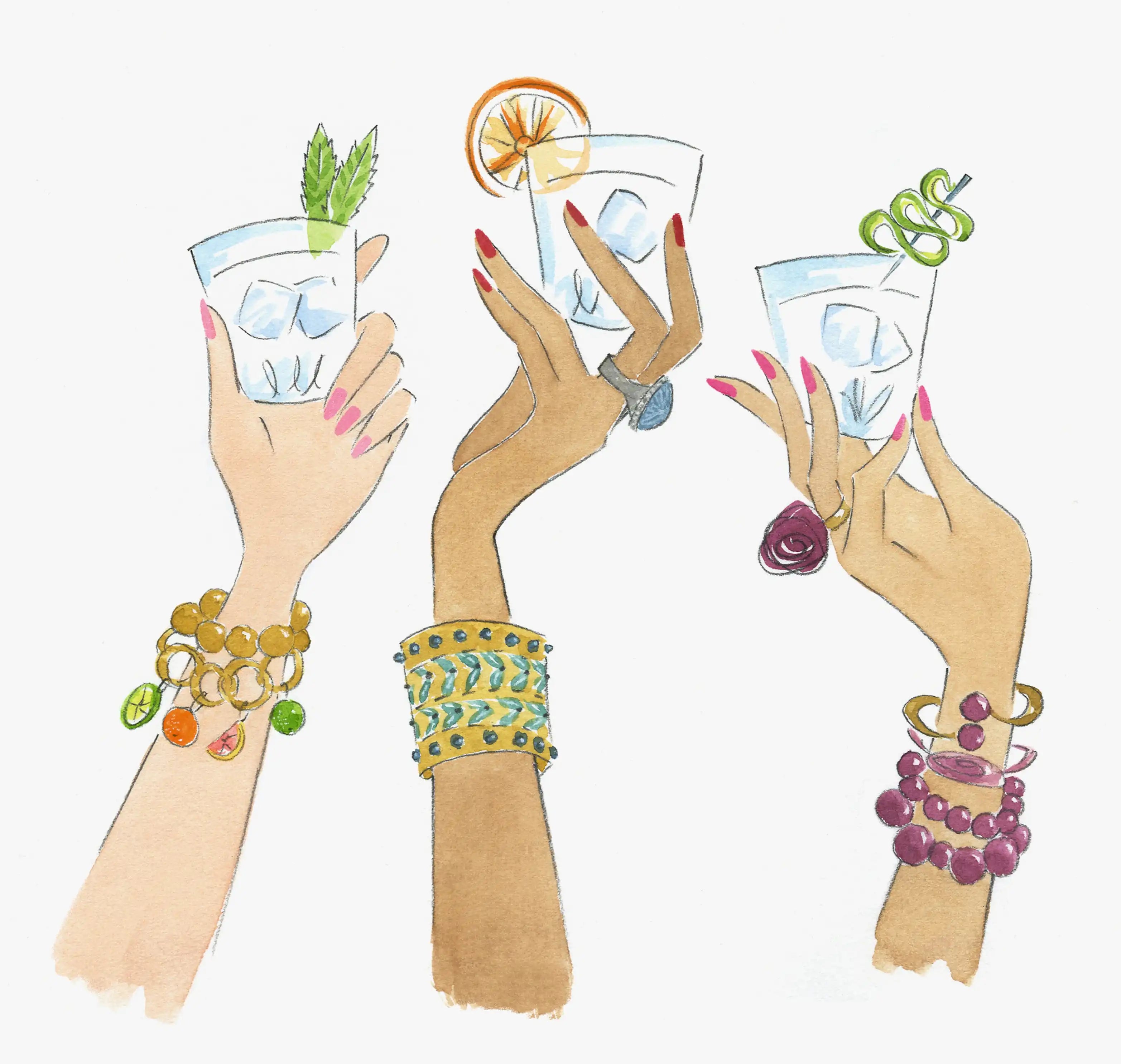 Illustration of three hands holding glasses with drinks against a white background