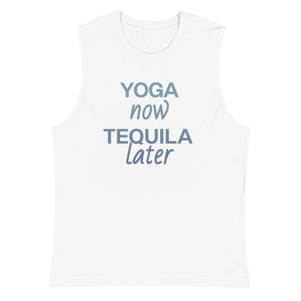 White muscle tank top with the text 'YOGA now TEQUILA later' printed in blue.